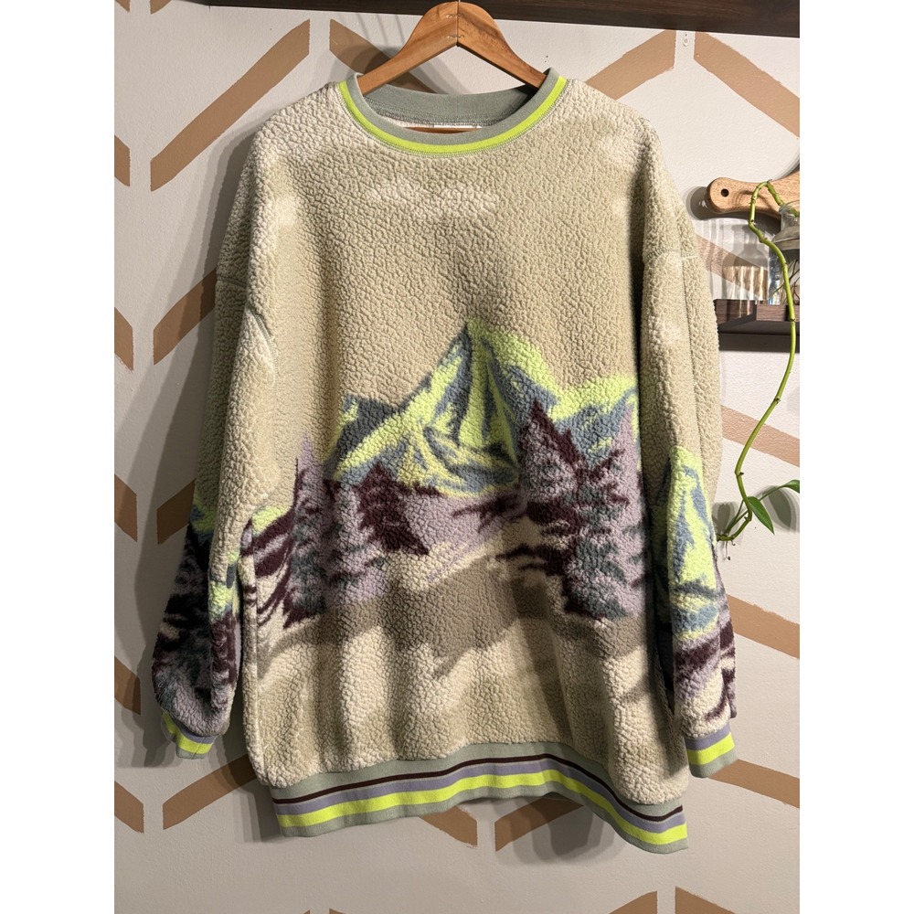 Urban Outfitters Pullover Women Large Beige Fleece Mountain Graphic Crewneck